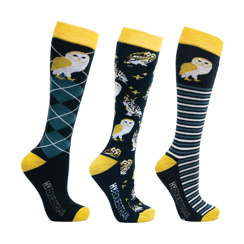 Hy Equestrian Night Owl Socks (Pack of 3) - Navy/Yellow - Adult 4-8